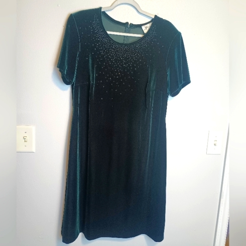 Vintage Jeffrey & Dara Velvet Shift Dress Womens 14 Emerald Green Beaded Holiday